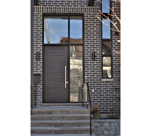 Solid modern door with transom and sidelight
